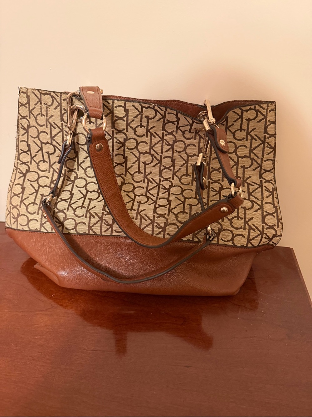 Calvin Klein Brown Logo Print Tote with Leather Trim
